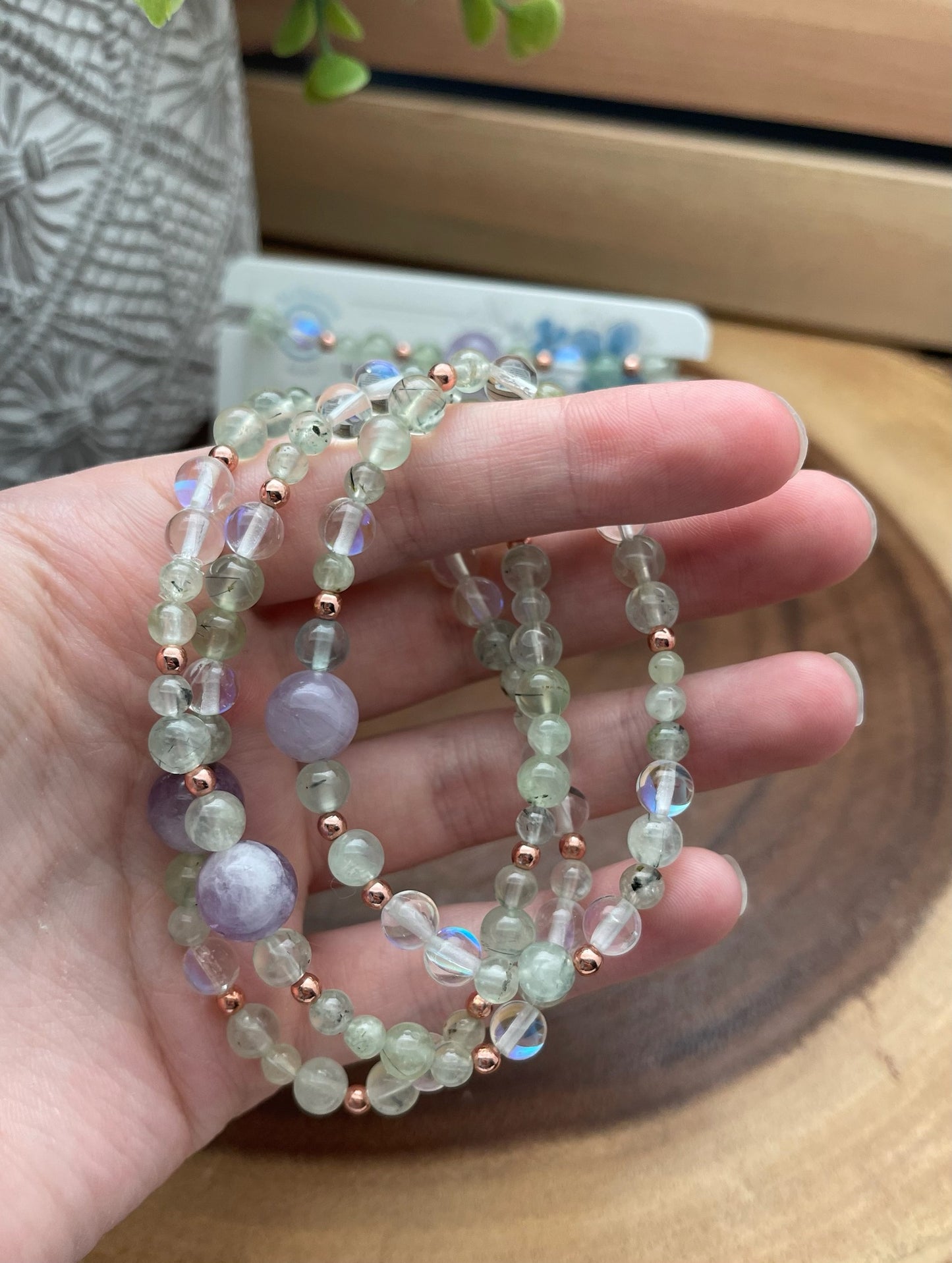 Lavender Amethyst, Prehnite, & Aura Quartz Bracelet