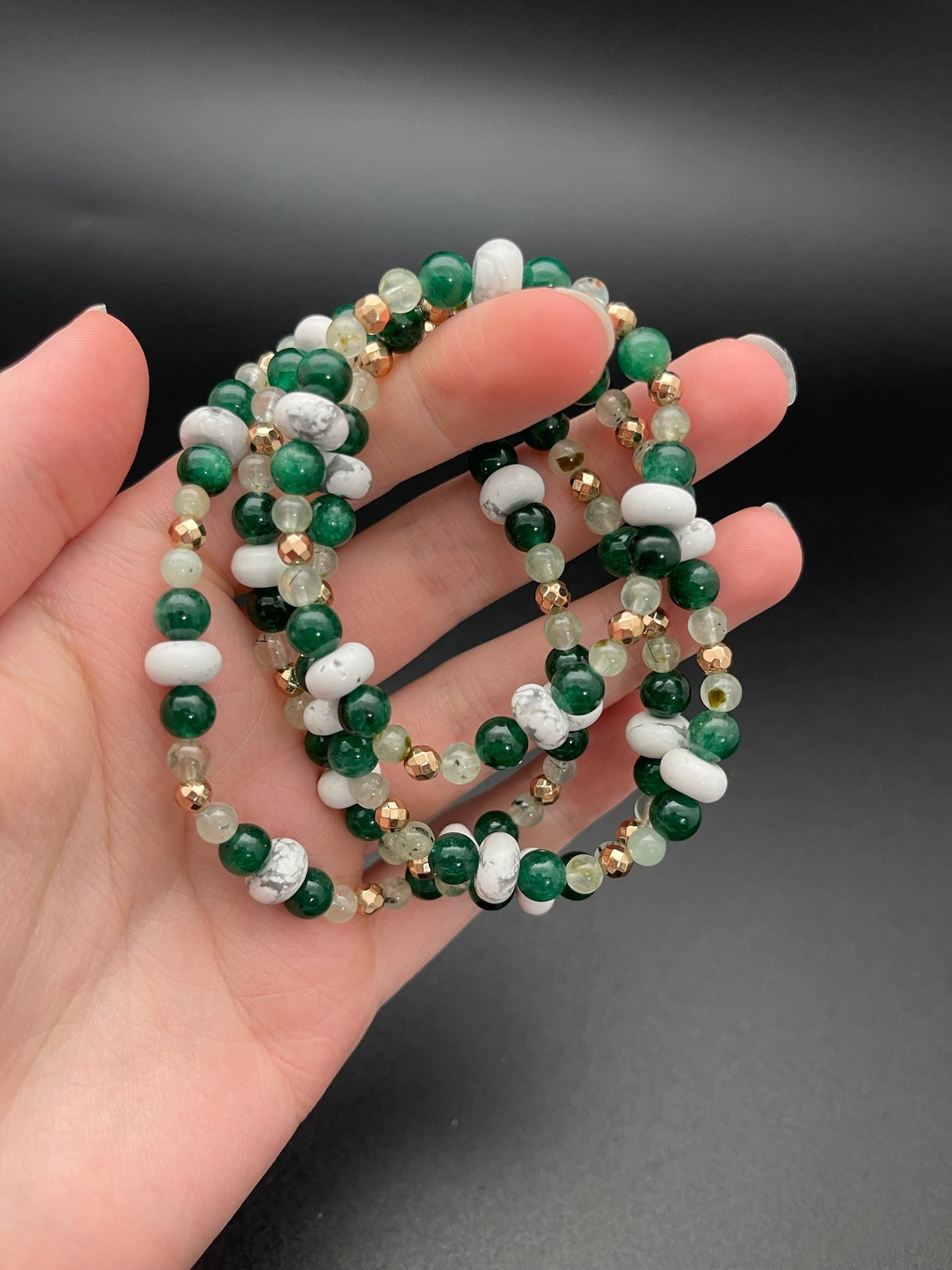 Howlite, Prehnite, Green Mica, and Hematite Bracelet