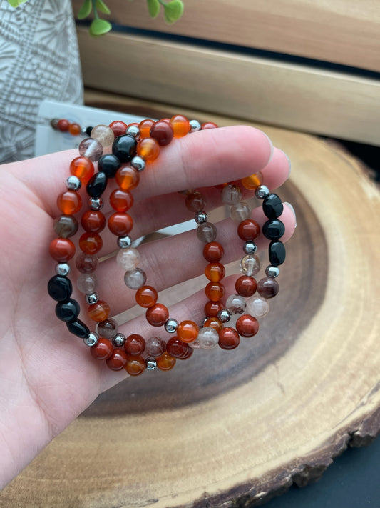 Tourmaline, Red Jasper, Carnelian, Rutile Quartz, & Black Obsidian Bracelet