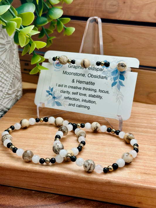 Graphic Feldspar, Moonstone, Obsidian, & Hematite Bracelet