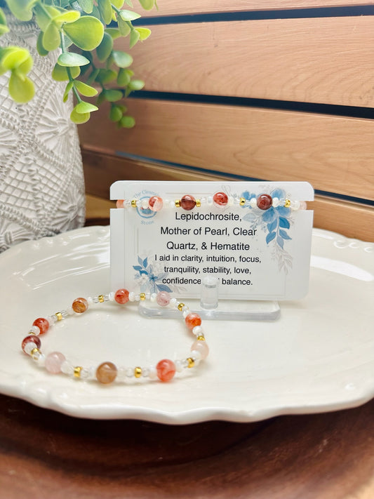 Lepidochrosite, Mother of Pearl, Clear Quartz, and Hematite Bracelet