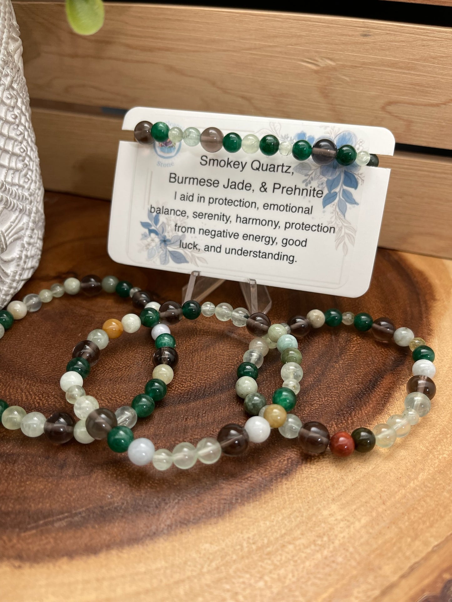 Smokey Quartz, Burmese Jade, and Prehnite Bracelet