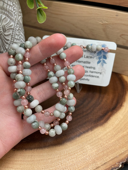 Rose Quartz, Harmony Jasper, White Lace Agate, and Hematite Bracelet