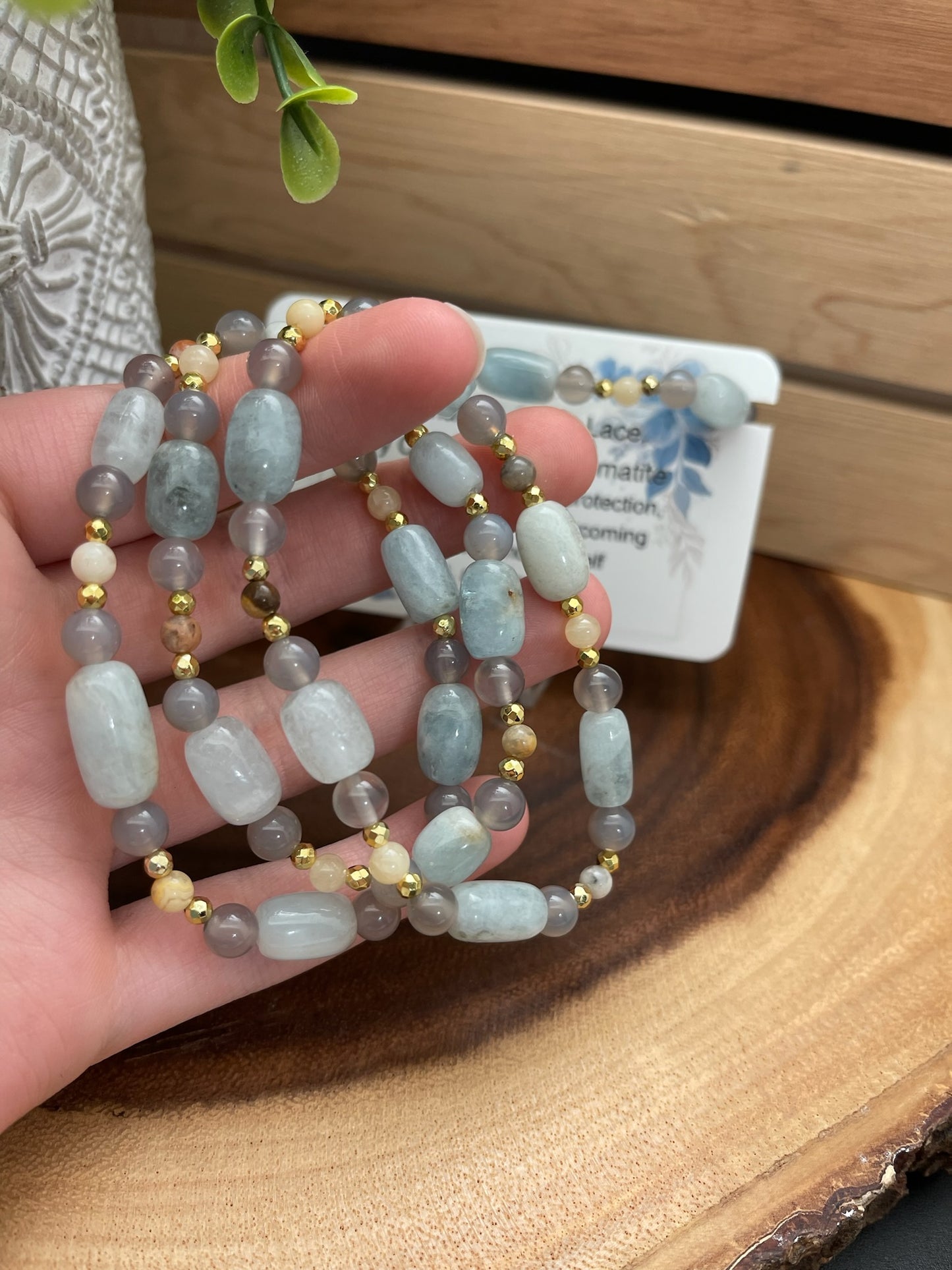 Aquamarine, Crazy Lace Agate, Grey Chalcedony, and Hematite Bracelet