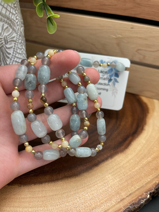 Aquamarine, Crazy Lace Agate, Grey Chalcedony, and Hematite Bracelet