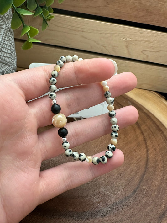 Dalmatian Jasper, Shungite, Mother of Pearl and Silver Bracelet