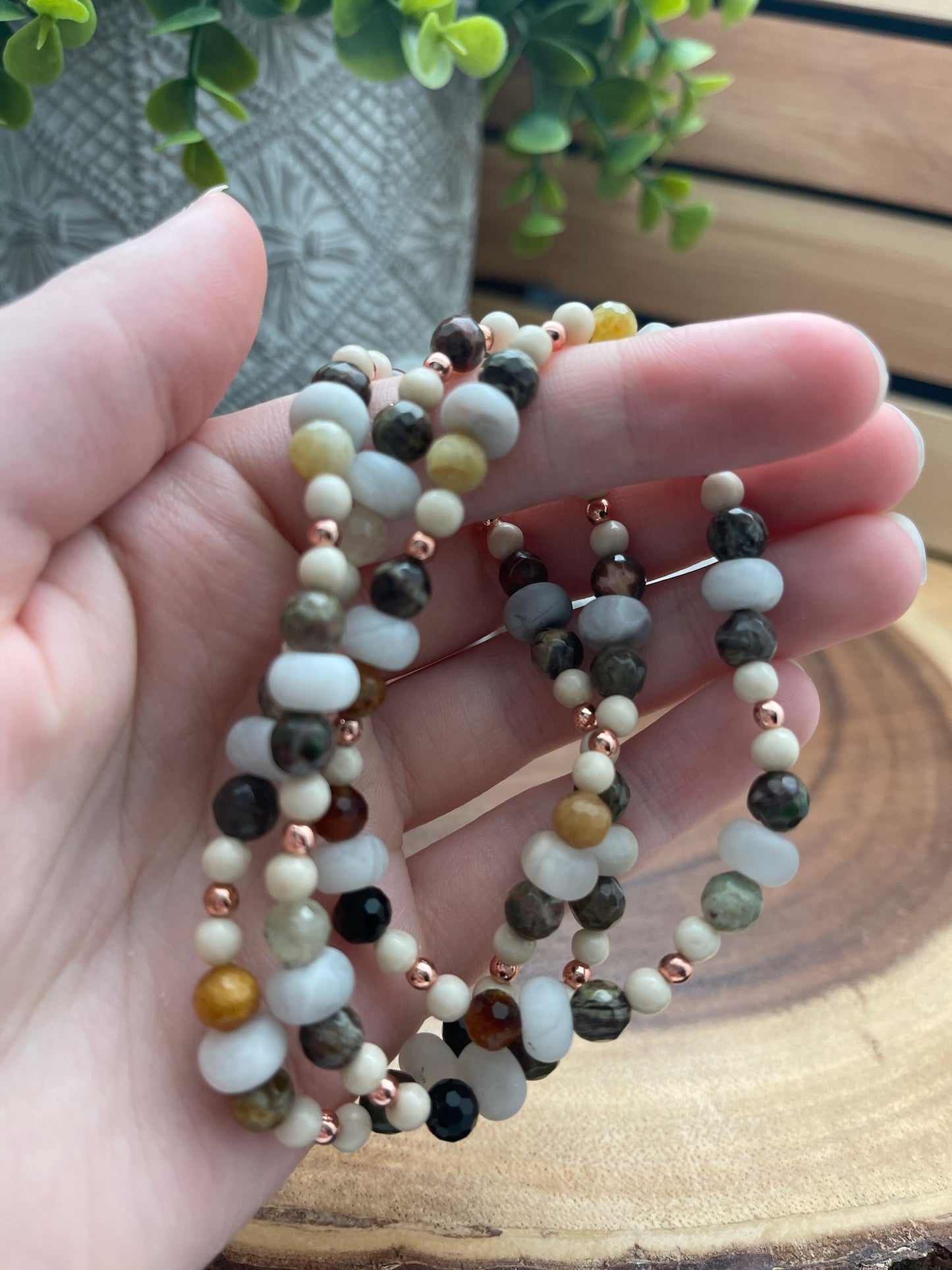 Mushroom Rhyolite, Silver Lace Agate, Fossil Jasper, and Hematite Bracelet