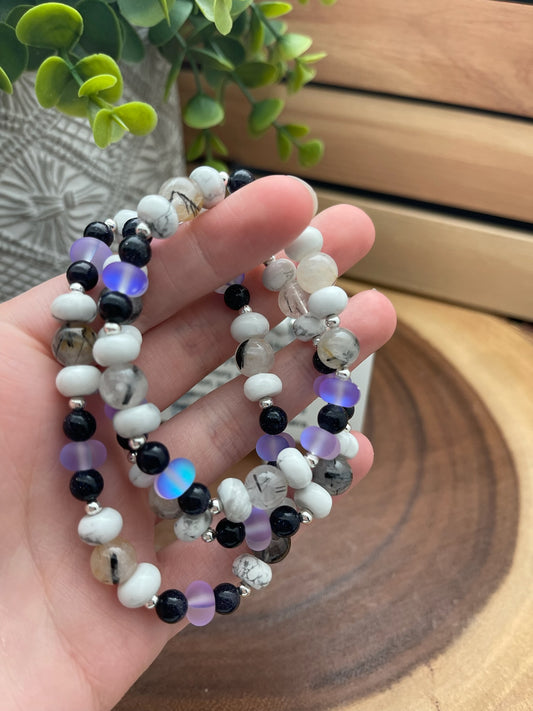 Howlite, Tourmalated Quartz, Blue Goldstone, Purple Mystic, and Hematite Bracelet