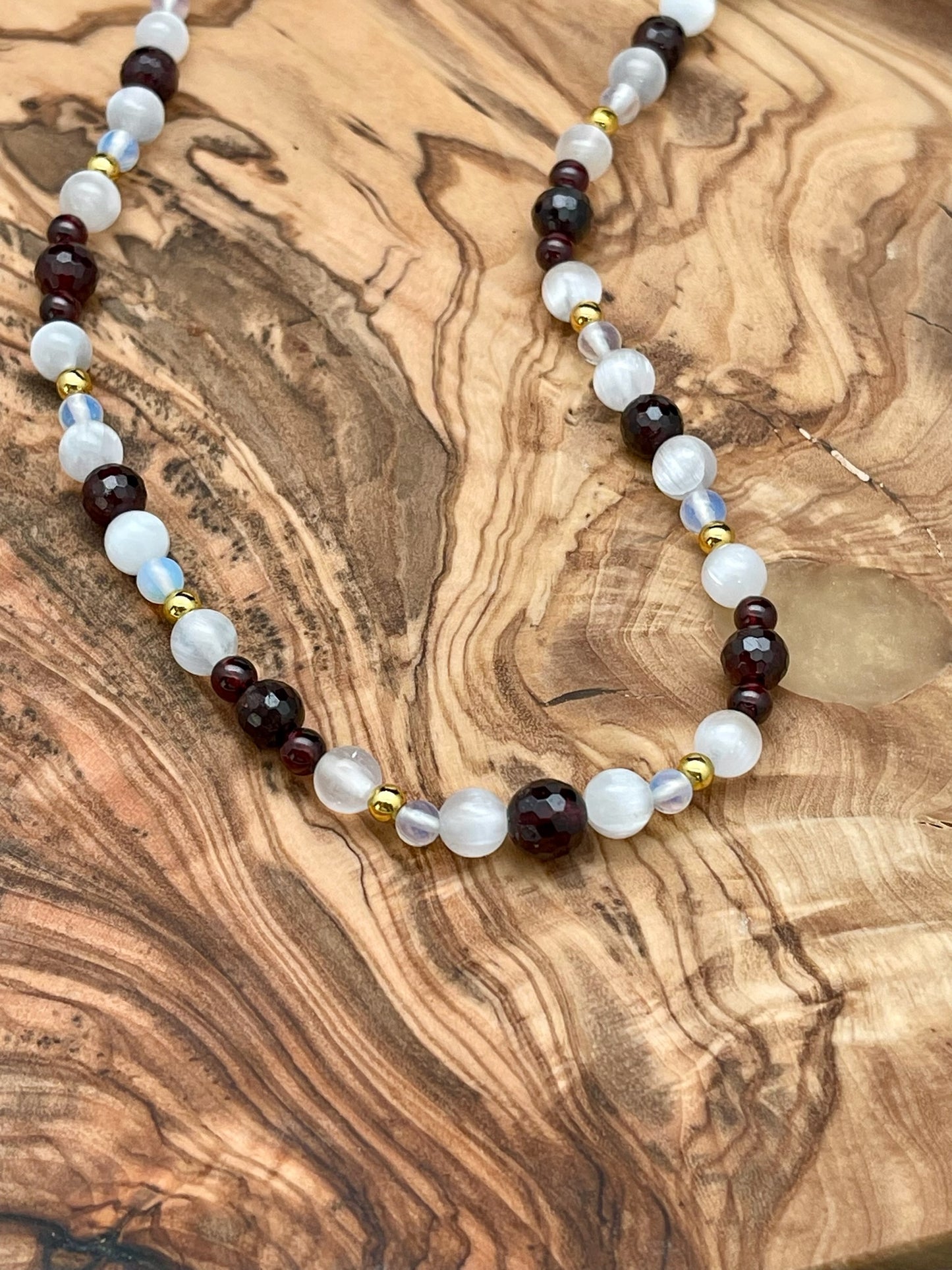 Garnet, Opalite, Satinspar, and Hematite Necklace