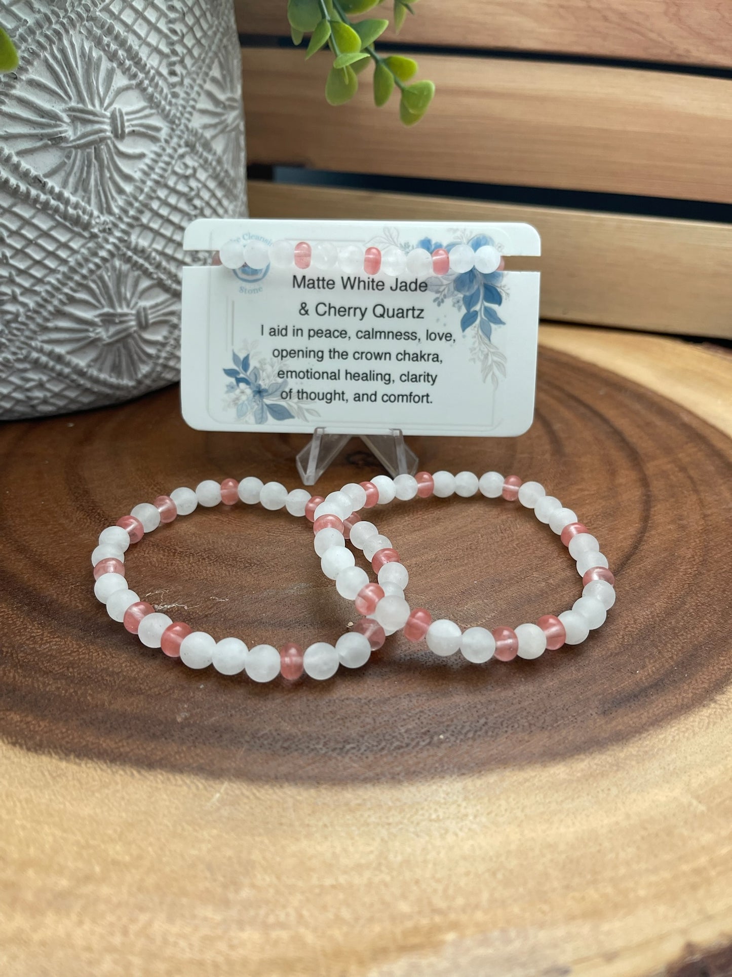 Matte White Jade and Cherry Quartz Bracelets