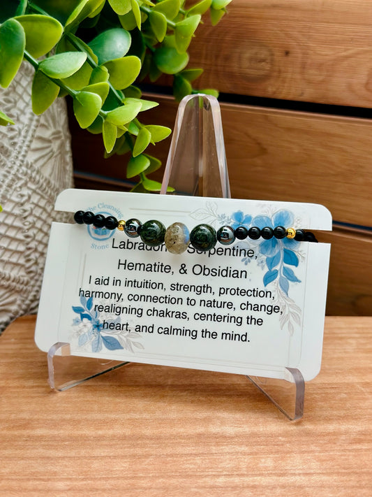 Labradorite, Serpentine, Hematite and Obsidian Bracelet