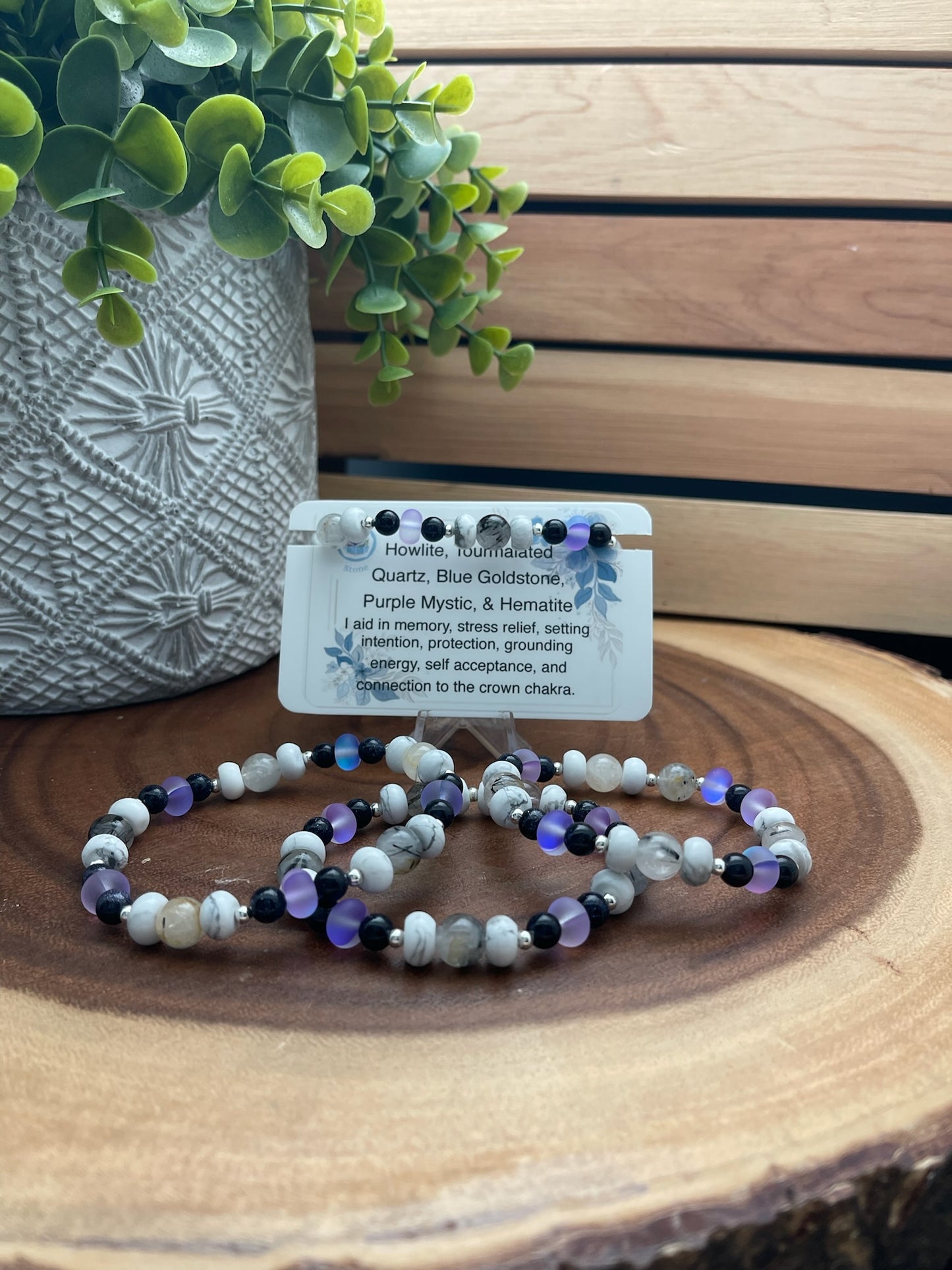 Howlite, Tourmalated Quartz, Blue Goldstone, Purple Mystic, and Hematite Bracelet