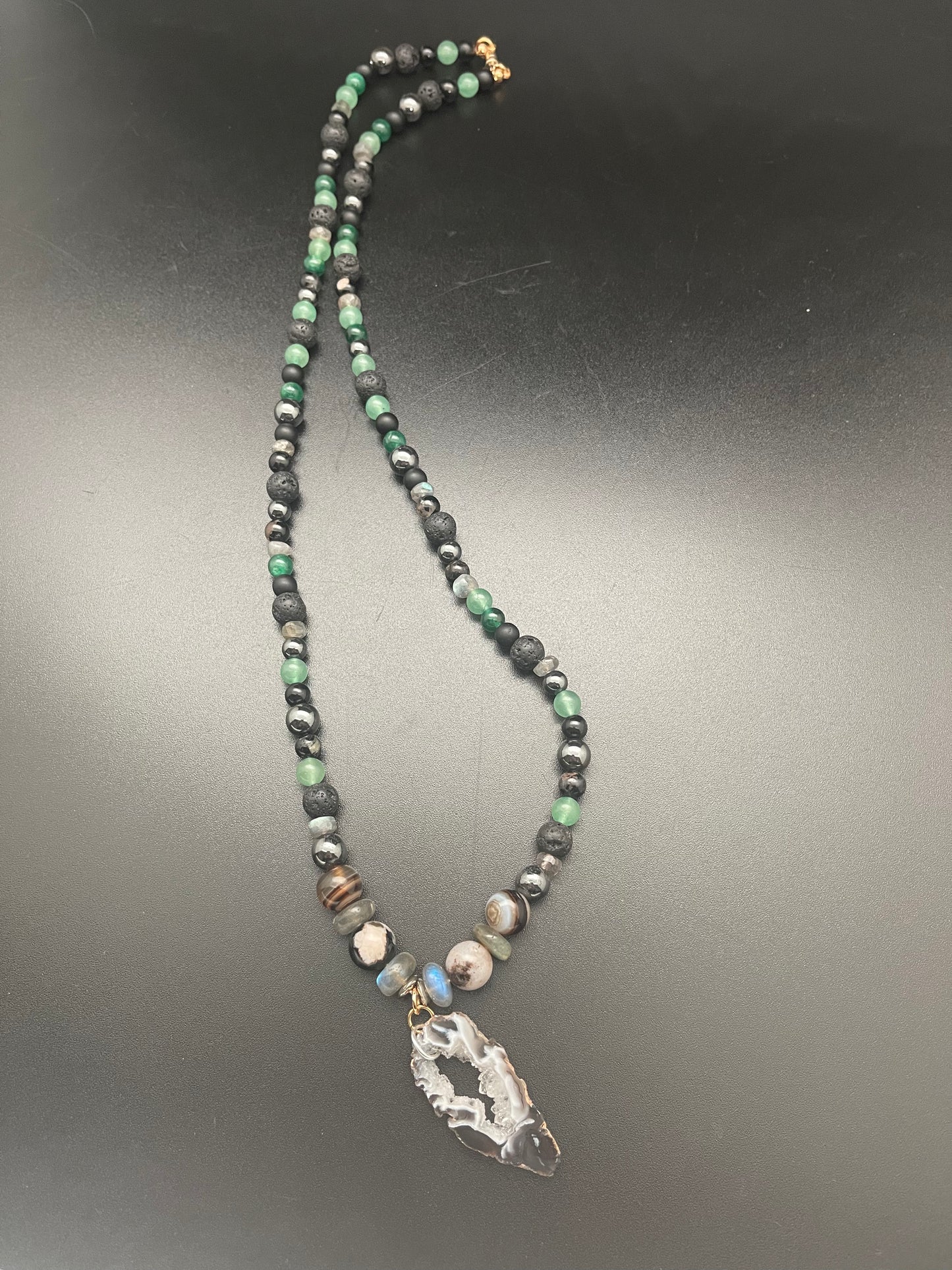 Lava, labradorite, hematite, green mica, Obsidian, and Tourmaline Necklace