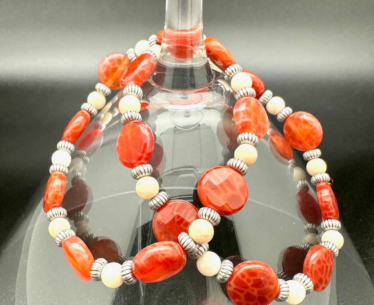 Fire Crackle Agate, Fossil Jasper and Pewter Bracelet