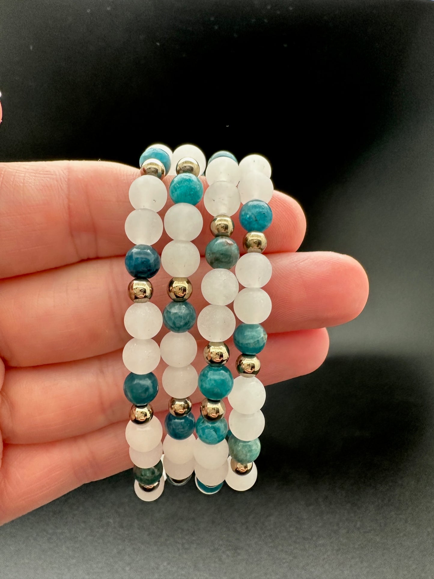 White Jade, Blue Apatite and Hematite Bracelet