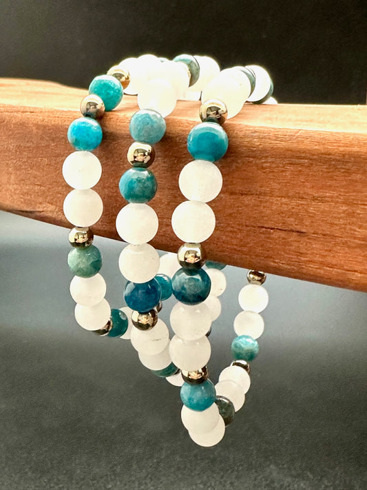 White Jade, Blue Apatite and Hematite Bracelet