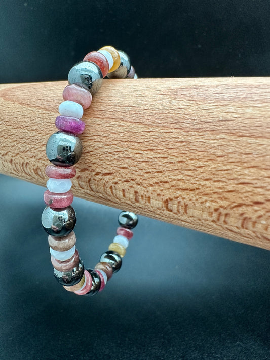 Hematite, Blue Lace Agate and Watermelon Tourmaline Bracelet