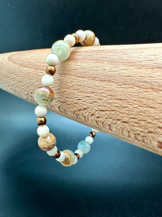 Blue Sky Onyx, Fossil Jasper and Hematite Bracelet