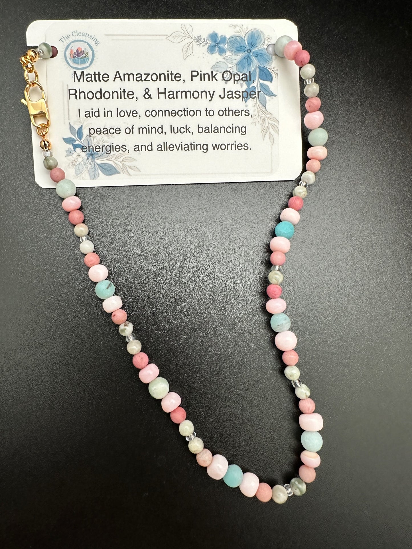 Matte Amazonite, Pink Opal, Rhodonite and Harmony Jasper Necklace