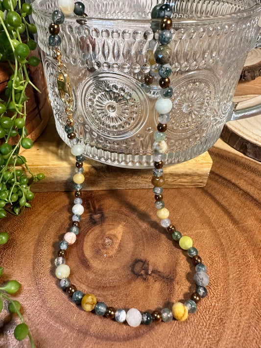 Mushroom Ryolite, Moss Agate and Hematite Necklace 16 1/2 inch