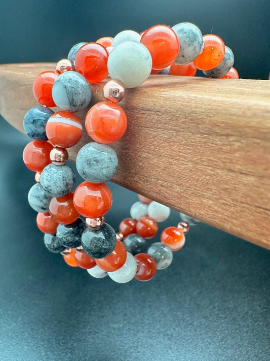 Red Sardonyx, Silver Lace Agate and Hematite Bracelet