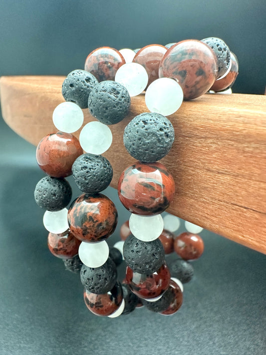 Mahogany Obsidian, White Jade and Lava Bracelet