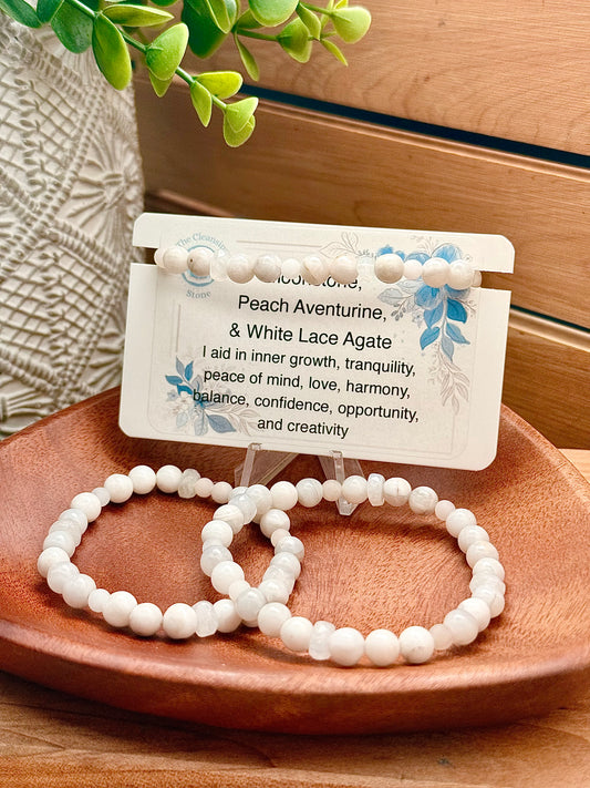 Moonstone, Peach Aventurine, and White Lace Agate Bracelet