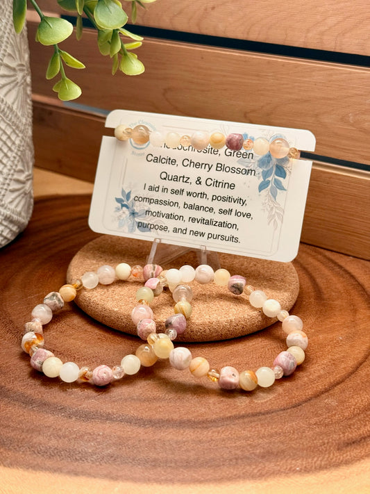 Rhodochrosite, Green Calcite, Cherry Blossom Quartz, & Citrine Bracelet