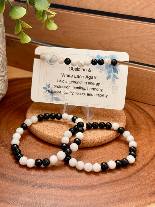Obsidian and White Lace Agate Bracelet