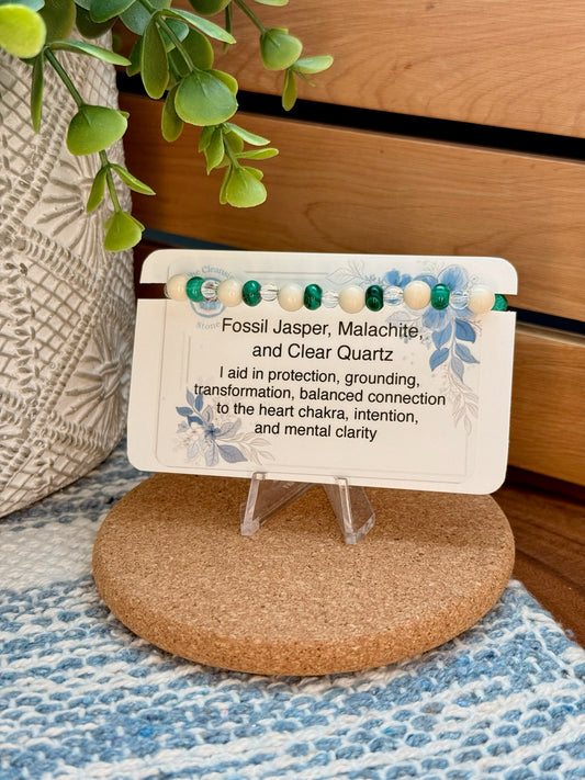 Fossil Jasper, Malachite, and Clear Quartz Bracelet