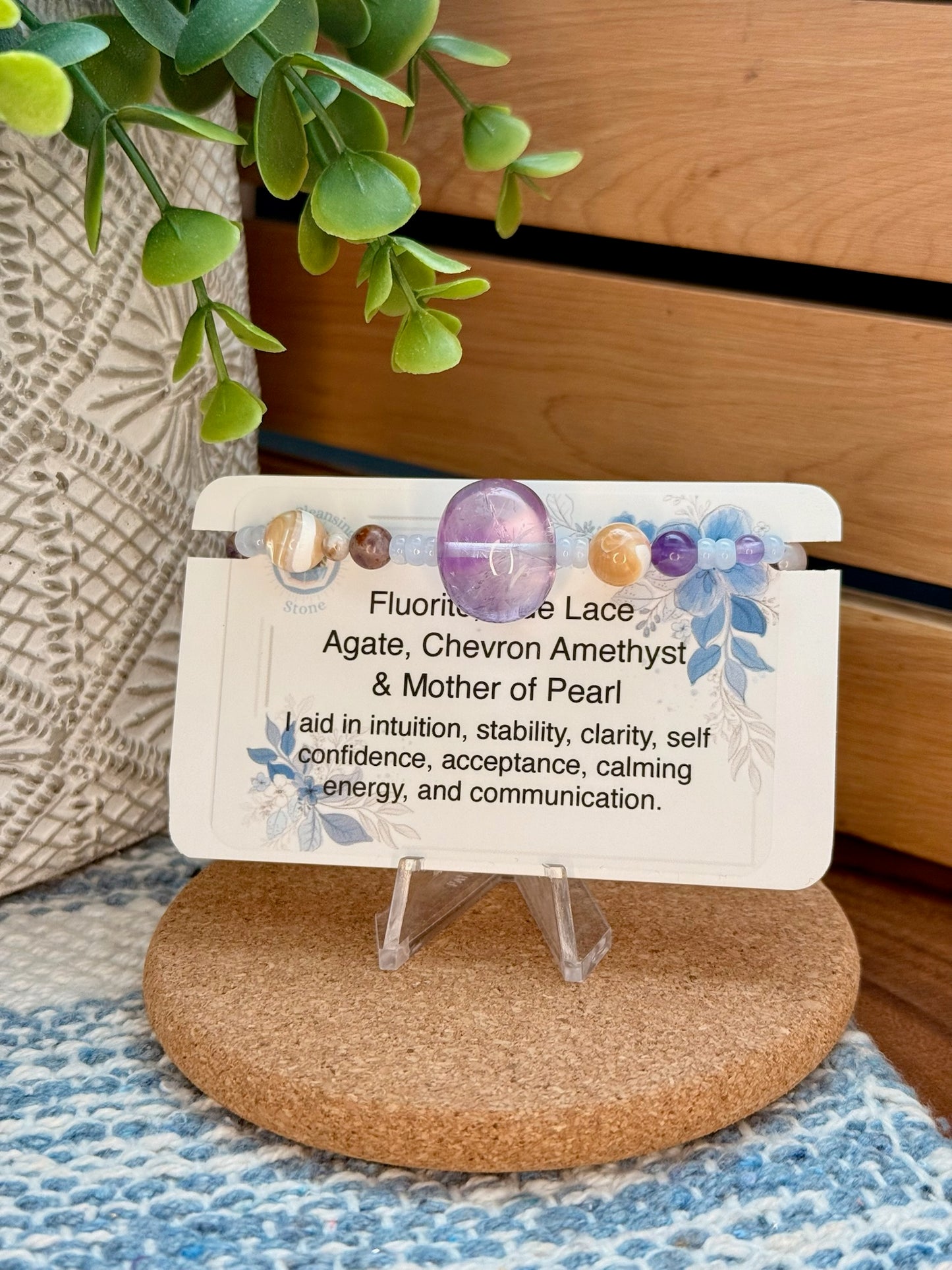 Fluorite, Blue Lace Agate, Chevron Amethyst, and Mother of Pearl Bracelet