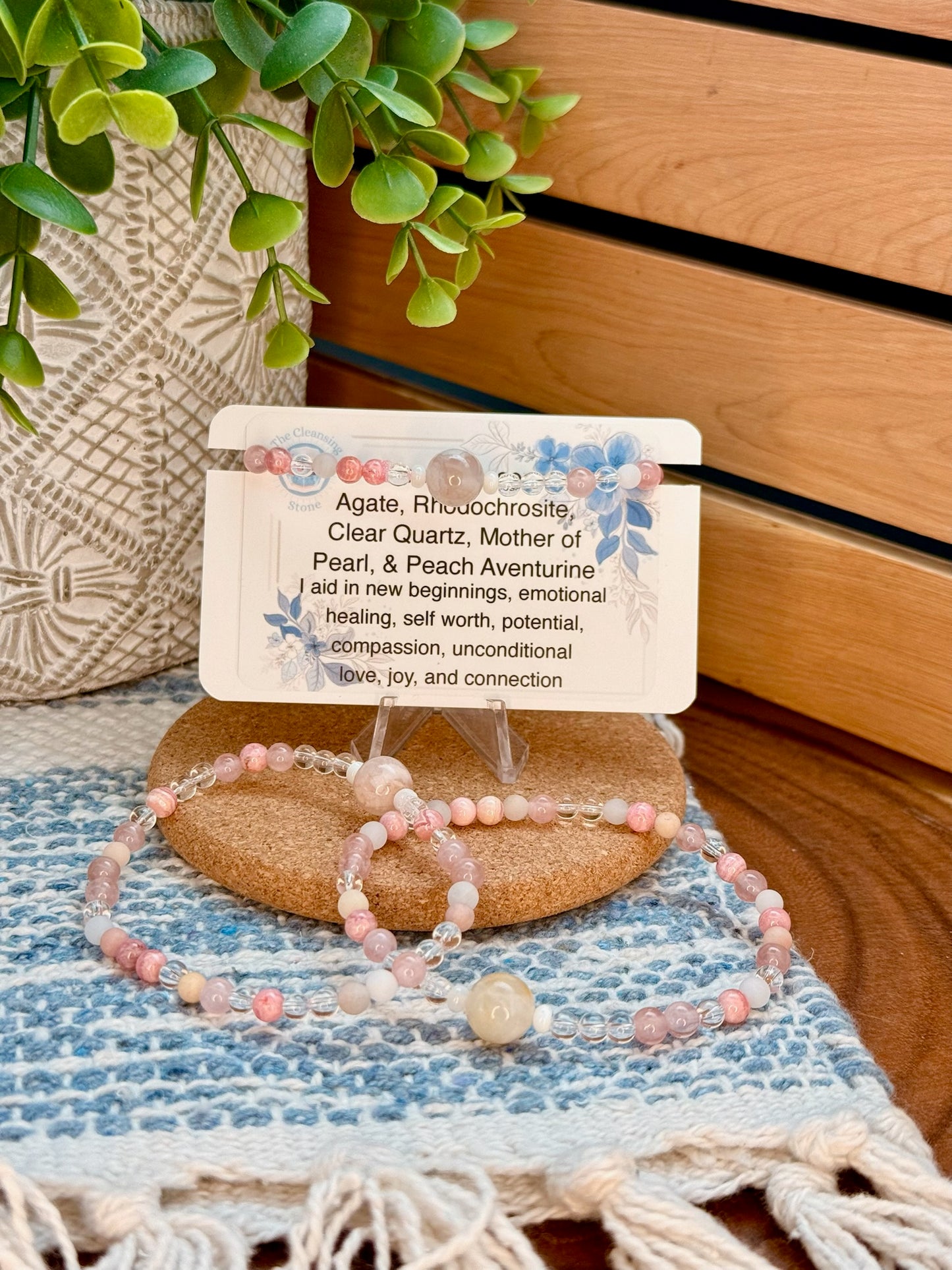 Cherry Blossom Agate, Rhodochrosite, Clear Quartz, Rose Quartz, Mother of Pearl, and Peach Aventurine Bracelet