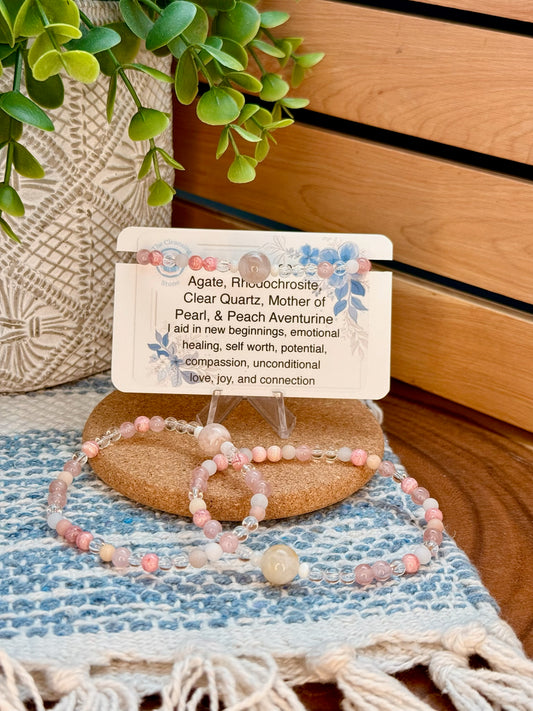 Cherry Blossom Agate, Rhodochrosite, Clear Quartz, Rose Quartz, Mother of Pearl, and Peach Aventurine Bracelet