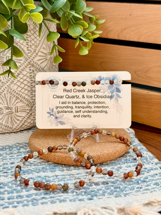 Red Creek Jasper, Clear Quartz, and Ice Obsidian Bracelet