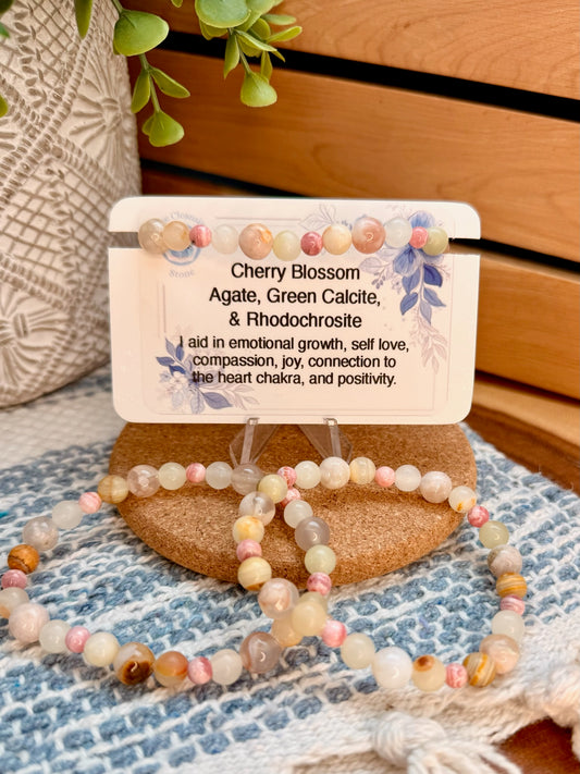 Cherry Blossom Agate, Green Calcite, and Rhodochrosite Bracelet