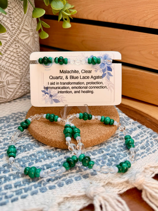 Malachite, Clear Quartz, and Blue Lace Agate Bracelet