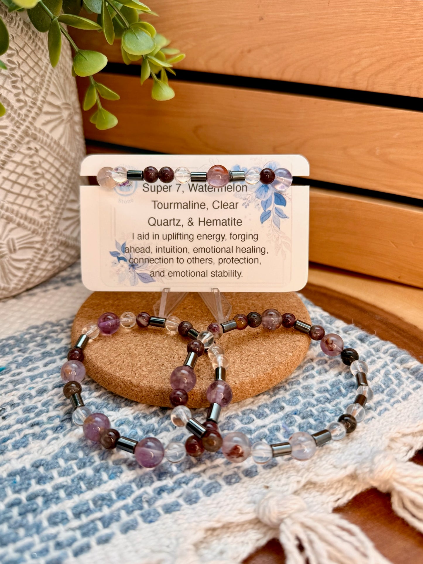 Super 7, Watermelon Tourmaline, Clear Quartz, and Hematite Bracelet