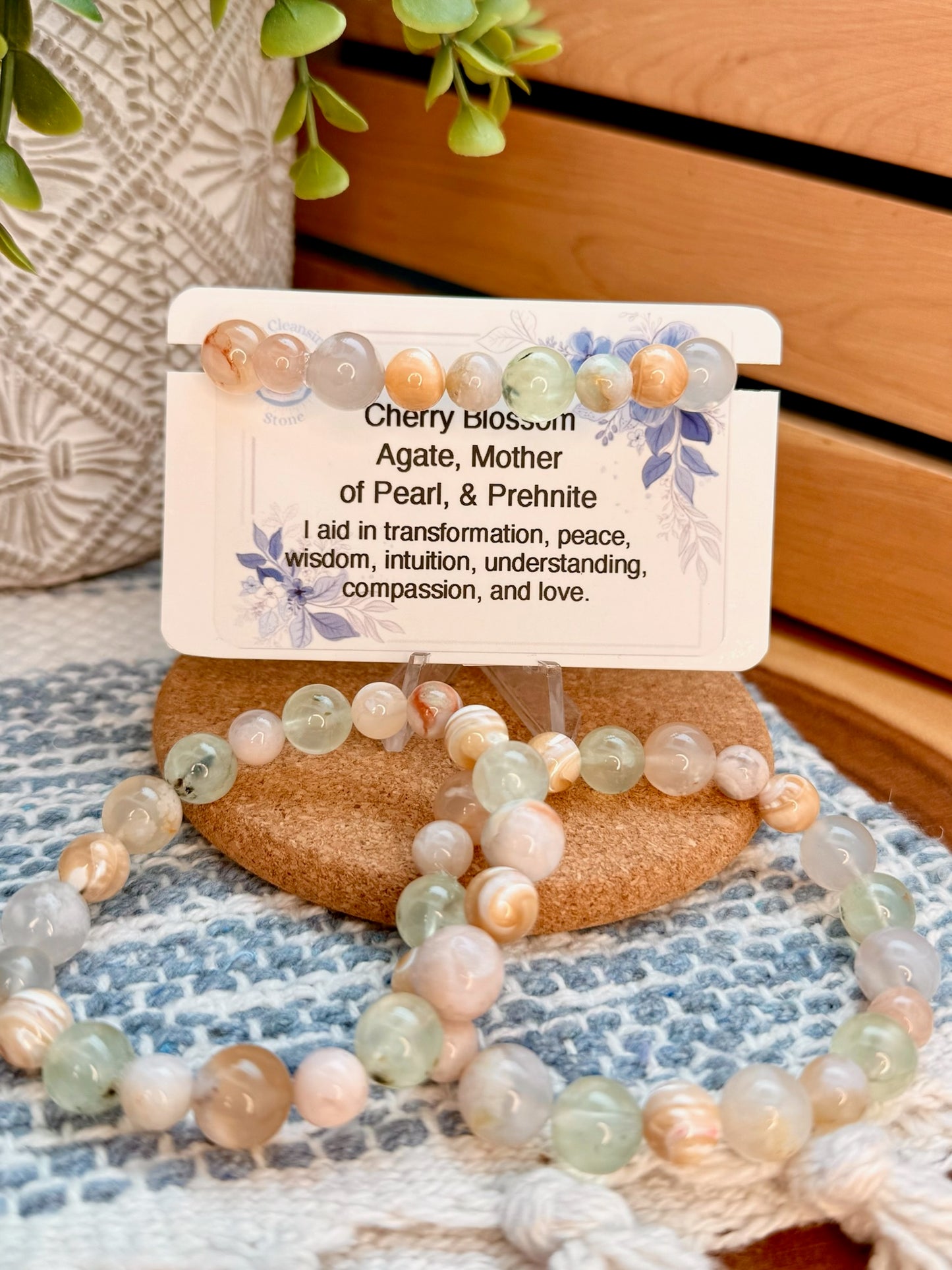 Cherry Blossom Agate, Mother of Pearl, and Prehnite Bracelet