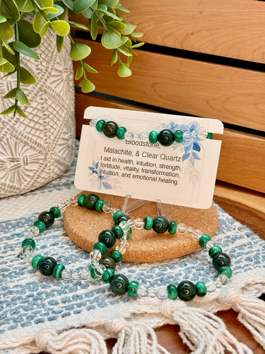 Bloodstone, Malachite, & Clear Quartz Bracelet
