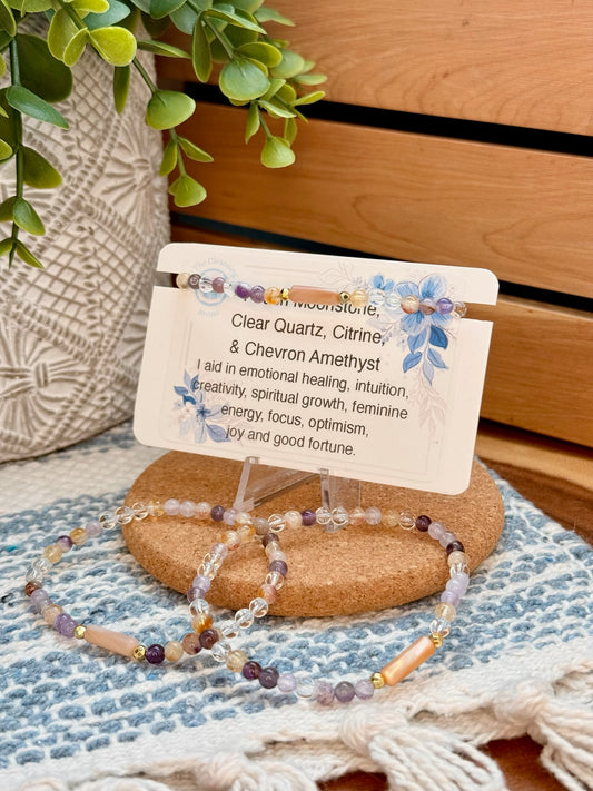 Peach Moonstone, Clear Quartz, Citrine, and Chevron Amethyst Bracelet