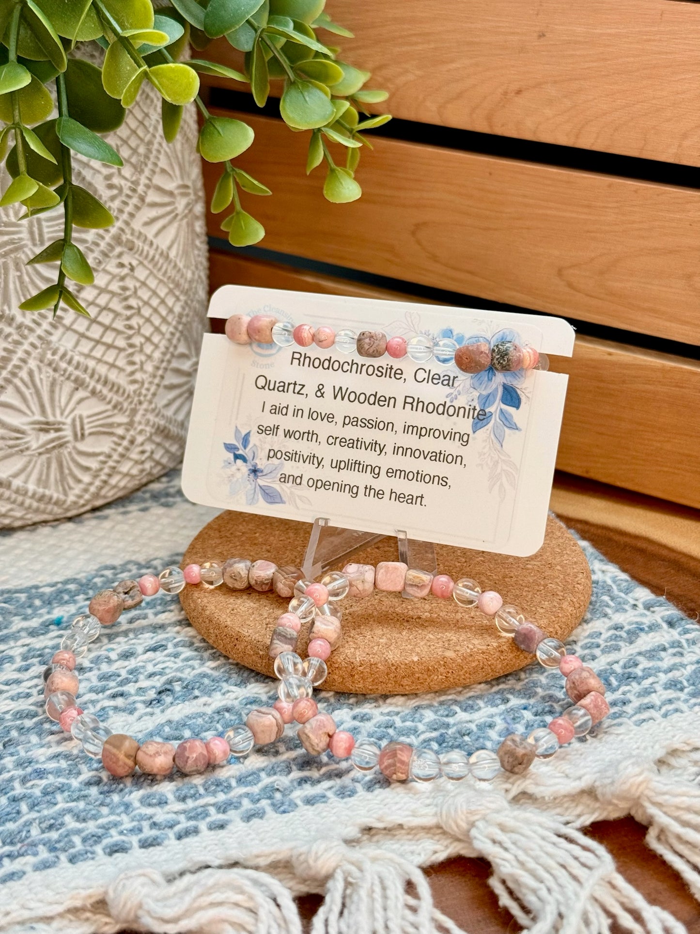 Rhodochrosite, Clear Quartz, and Wooden Rhodonite Bracelet