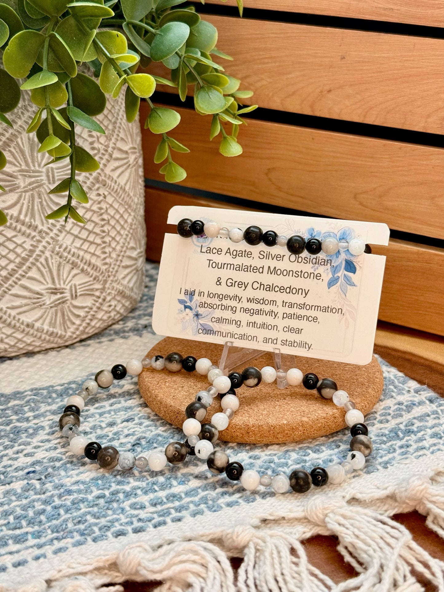 Orthoceras Fossil, White Lace Agate, Silver Obsidian, Tourmalated Moonstone & Grey Chalcedony  Bracelet