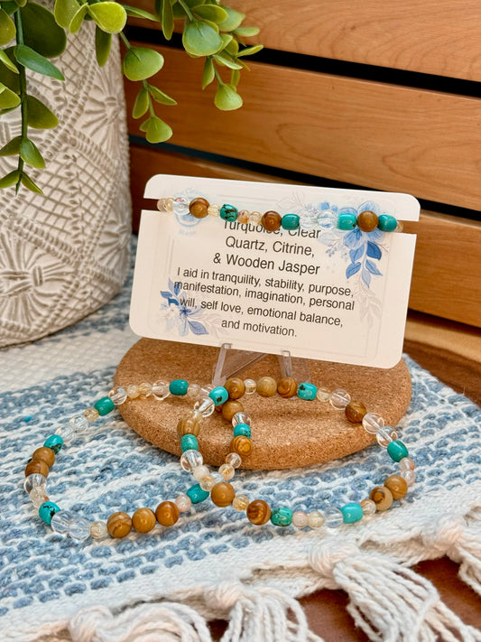 Turquoise, Clear Quartz, Citrine, and Wooden Jasper Bracelet