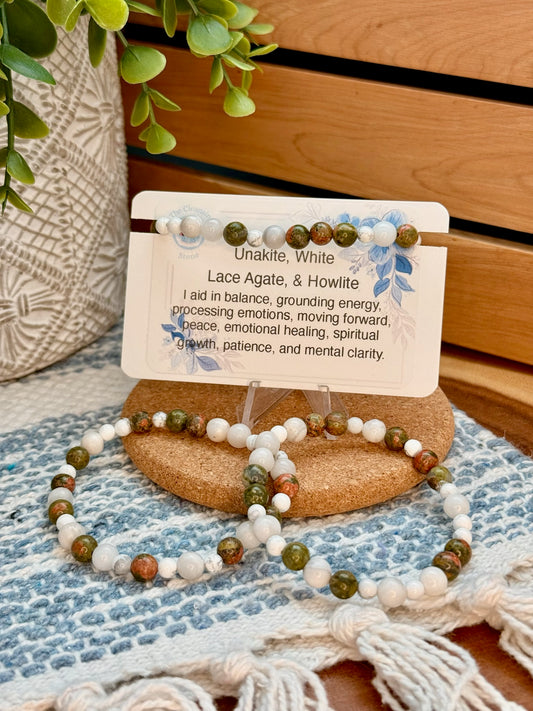 Unakite, White Lace Agate, and Howlite Bracelet