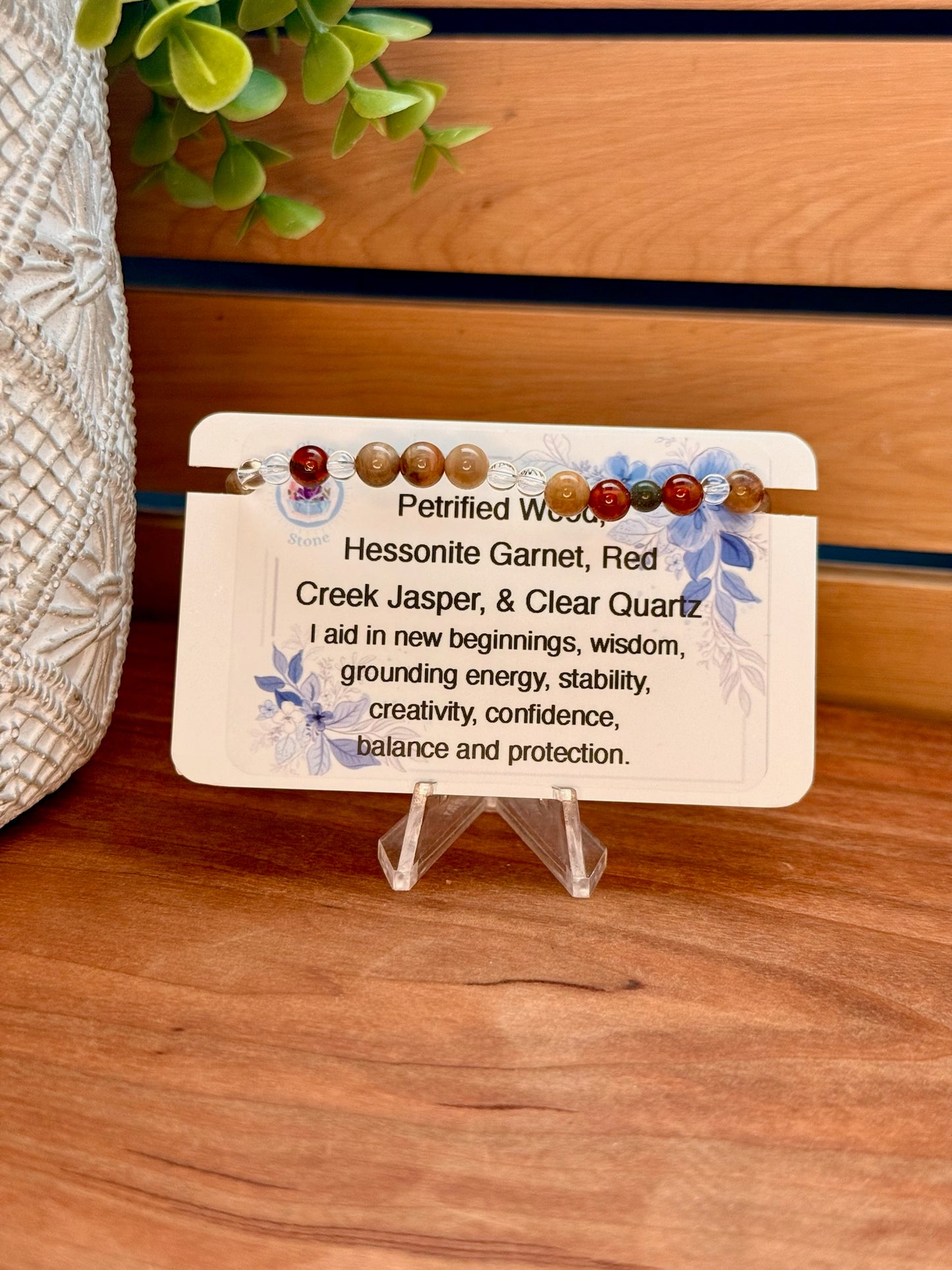 Petrified Wood, Hessonite Garnet, Red Creek Jasper, & Clear Quartz Bracelet
