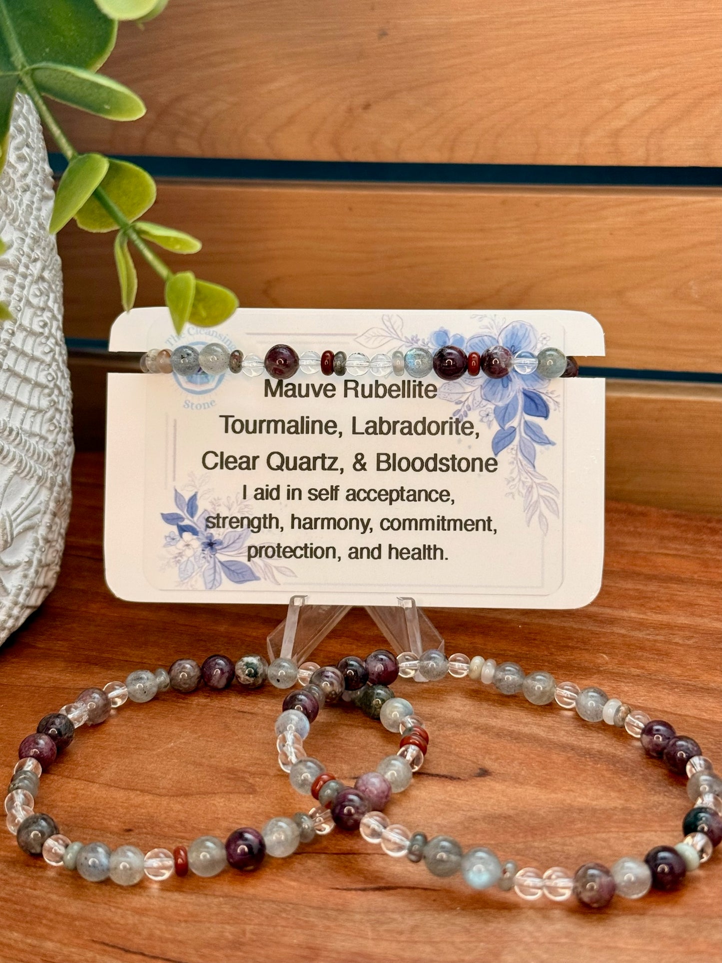 Mauve Rubellite Tourmaline, Labradorite, Clear Quartz, and Bloodstone Bracelet