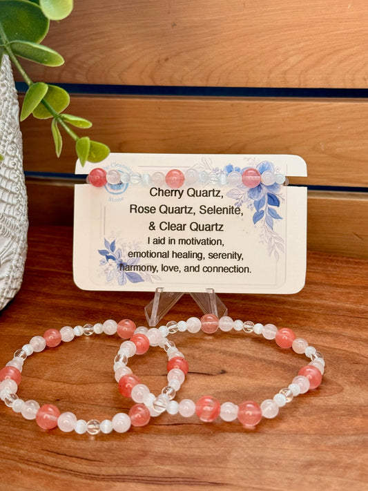 Cherry Quartz, Rose Quartz, Selenite, and Clear Quartz Bracelet