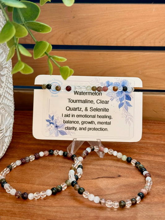 Watermelon Tourmaline, Clear Quartz, and Selenite Bracelet