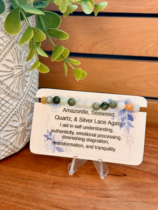 Amazonite, Seaweed Quartz, and Silver Lace Agate Bracelet