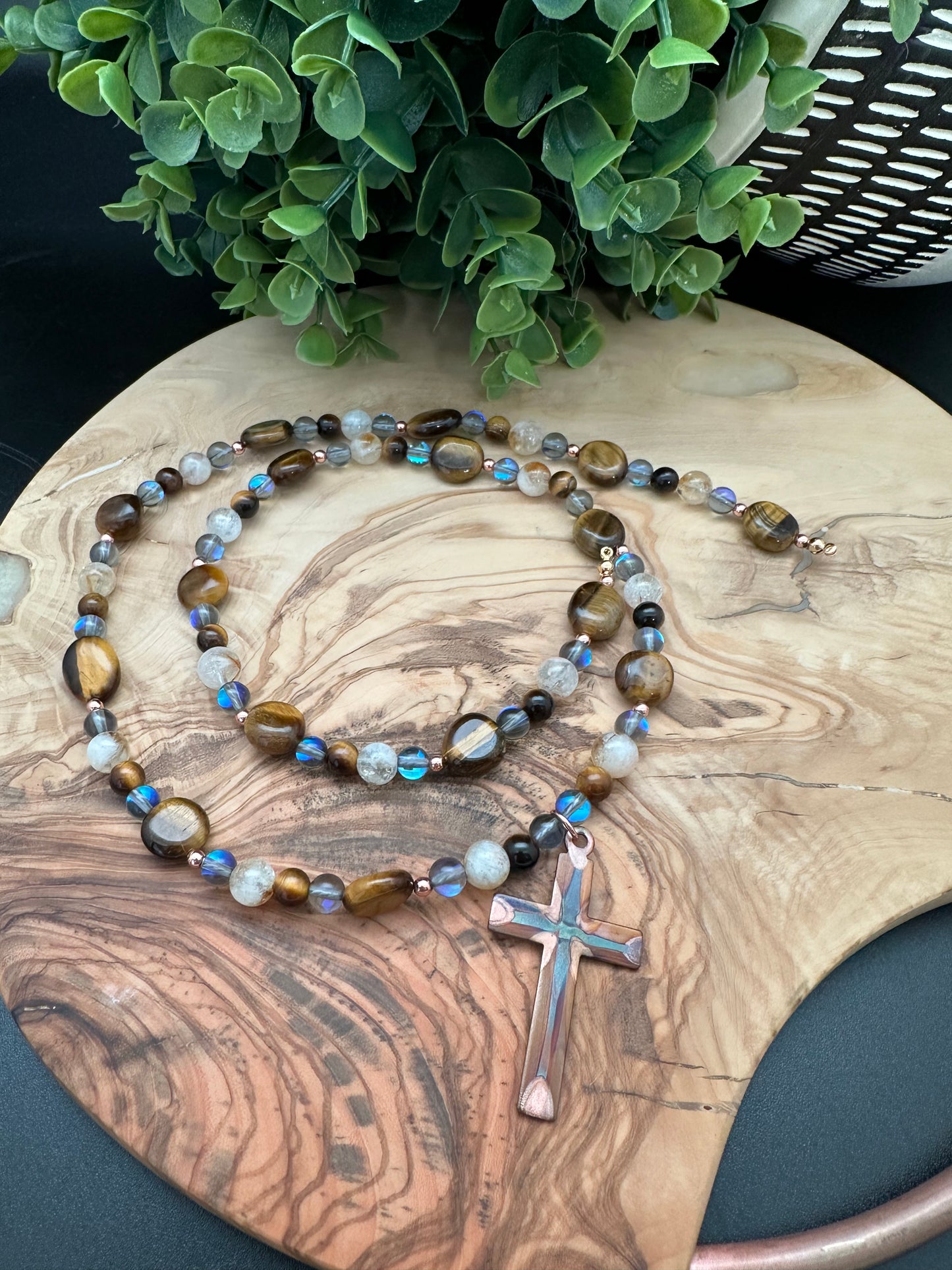 Tigers Eye, Citrine, Hematite, Mystic Aura Quartz and Copper Cross Pendant Necklace 27"